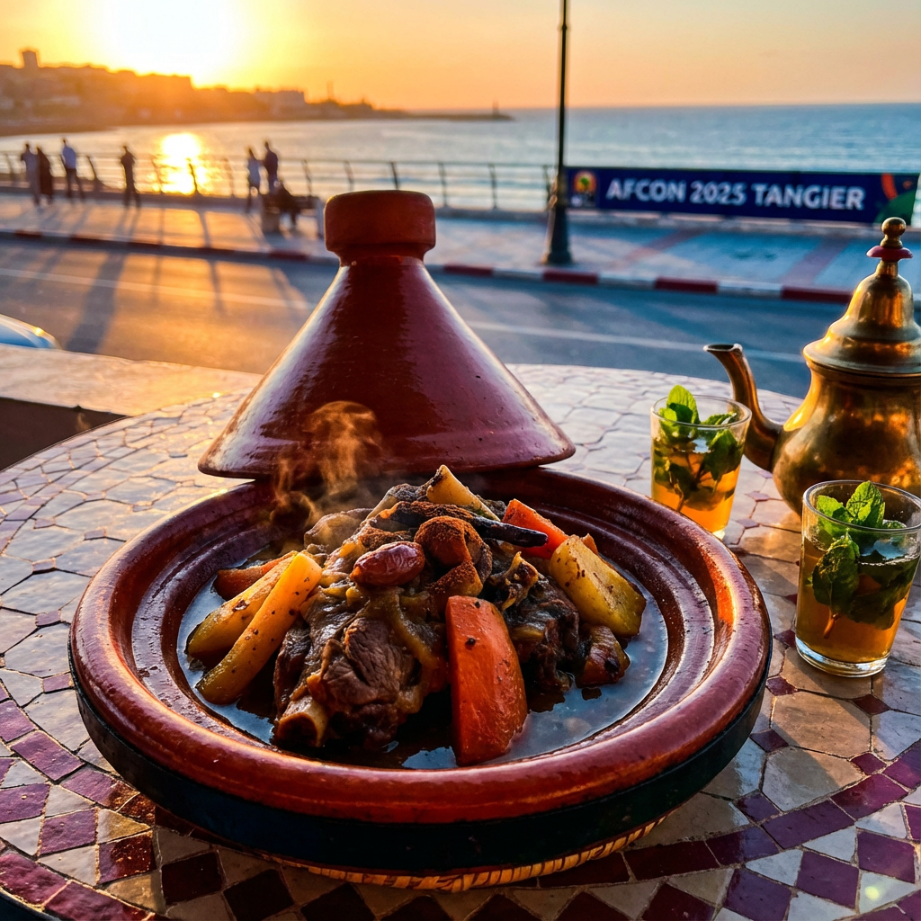 Traditional Moroccan tagine and mint tea on Tangier Corniche, essential food experience for Tangier AFCON 2025 travelers, highlighting flavorful cuisine that complements the Africa Cup of Nations event in host city Morocco.