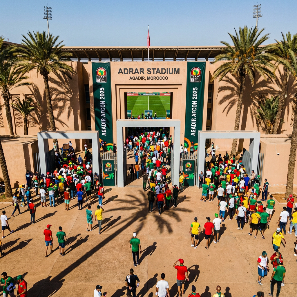 Adrar Stadium in Agadir ready for AFCON 2025, with fans arriving at the modernized venue offering comfortable seating and top facilities for group stage soccer excitement in Morocco.