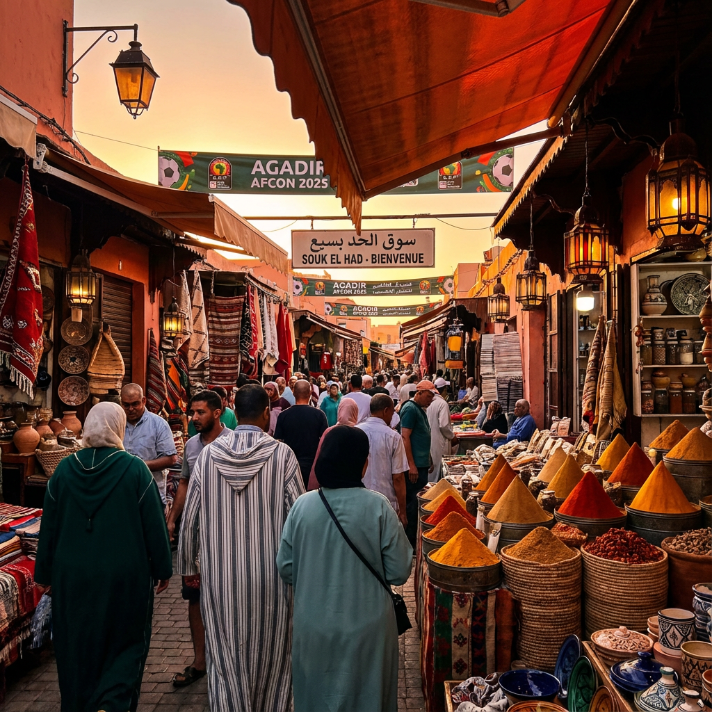 Vibrant Souk El Had market in Agadir during AFCON 2025, offering spices, rugs, and souvenirs as a perfect break from matches, showcasing Morocco's rich trading heritage and tourism appeal.