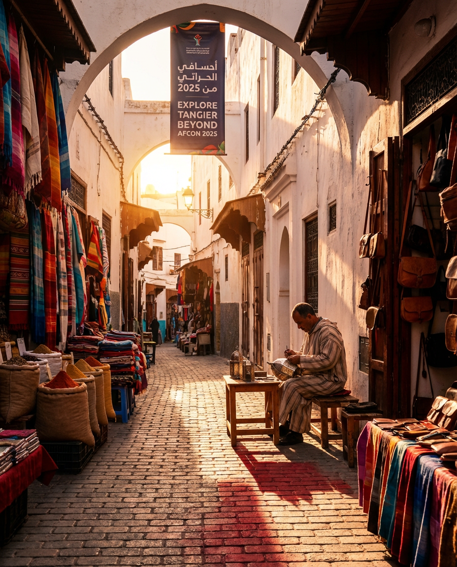 Vibrant Tangier Medina streets during Tangier AFCON 2025 visit, UNESCO site with markets and cultural heritage, perfect for fans discovering Morocco's rich history and architecture alongside the football excitement.