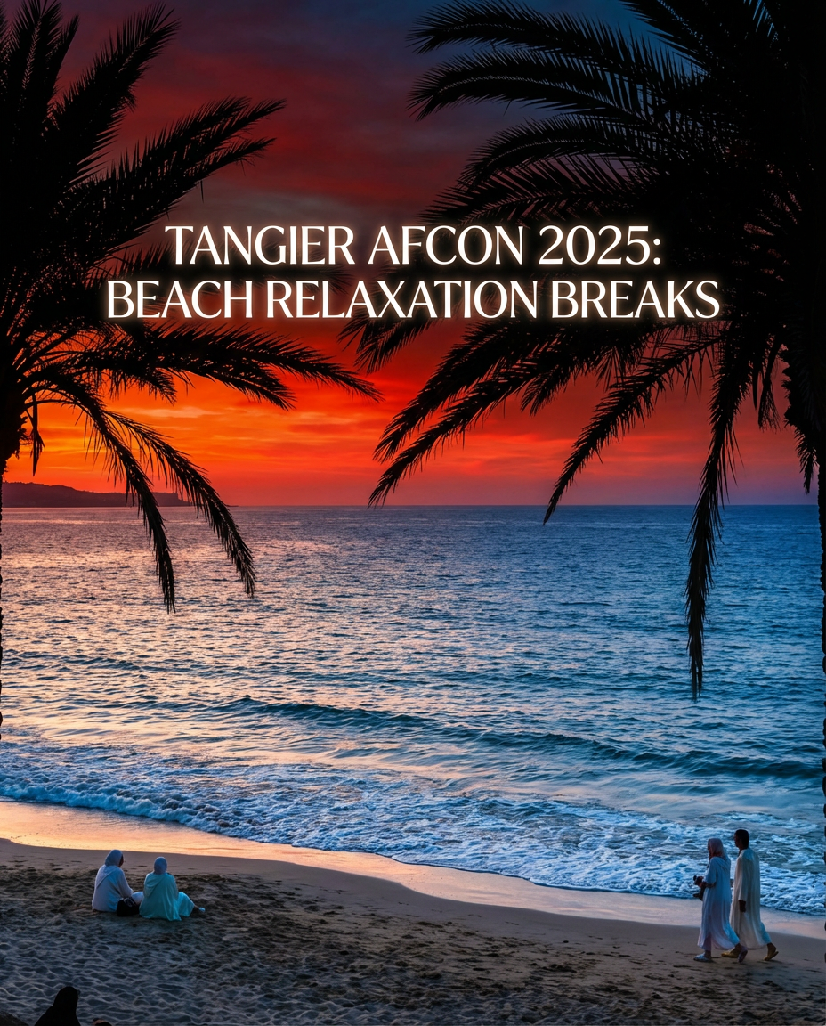 Sunset at Achakkar Beach in Tangier, ideal relaxation spot for Tangier AFCON 2025 fans, offering coastal views of the Strait and mild winter vibes amid Morocco's premier football tournament and tourism growth.