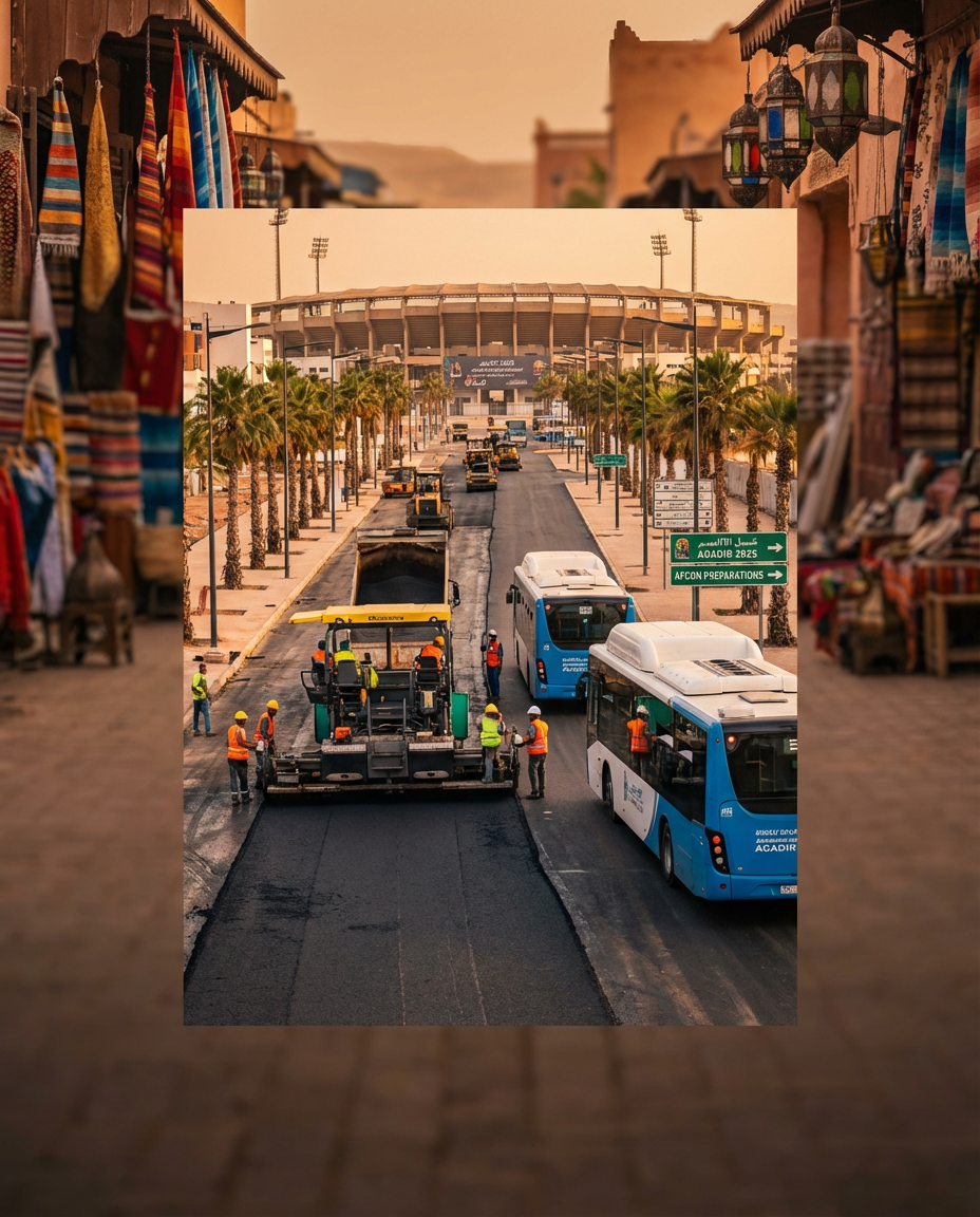 Upgraded roads and infrastructure in Agadir preparing for AFCON 2025, blending modern transport with traditional markets for seamless fan travel during the Africa Cup of Nations in Morocco's coastal city.