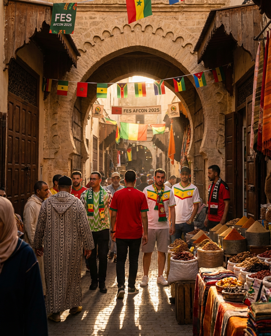 Stade de Fès stadium glowing for Fes AFCON 2025 matches, a modern Moroccan venue hosting thrilling group stage games in the heart of historic Fes city
