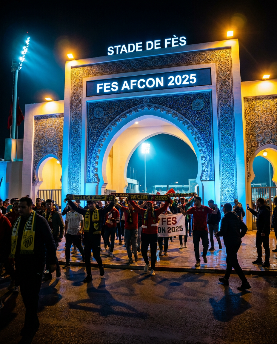 Fans exploring Fes medina during Fes AFCON 2025, showcasing Morocco's ancient streets filled with African flags, spices, and excitement for the tournament in historic Fes