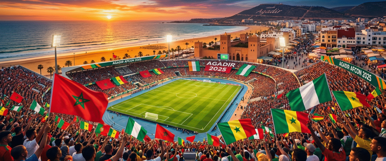 Aerial view of Adrar Stadium in Agadir for AFCON 2025, surrounded by beaches and fans, highlighting Morocco's premier soccer event with ocean vibes and cultural energy for an unforgettable tournament experience.