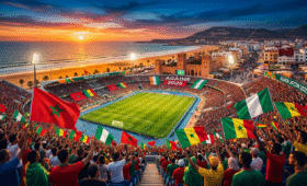 Aerial view of Adrar Stadium in Agadir for AFCON 2025, surrounded by beaches and fans, highlighting Morocco's premier soccer event with ocean vibes and cultural energy for an unforgettable tournament experience.