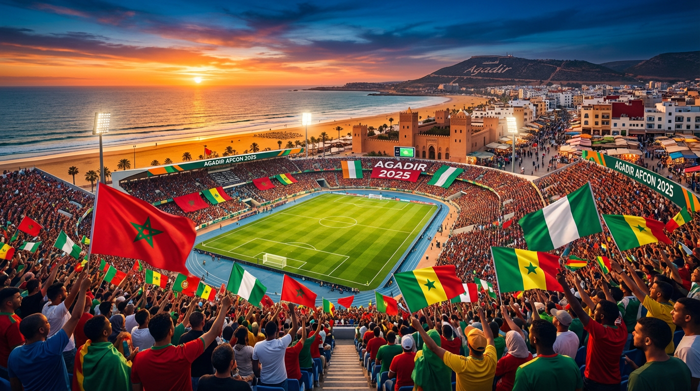 Aerial view of Adrar Stadium in Agadir for AFCON 2025, surrounded by beaches and fans, highlighting Morocco's premier soccer event with ocean vibes and cultural energy for an unforgettable tournament experience.
