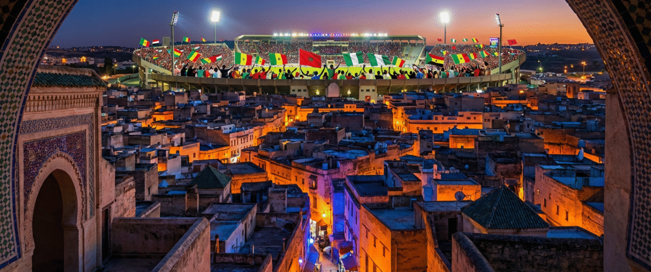 Exciting Fes AFCON 2025 banner showing historic medina and Stade de Fès stadium alive with fans, perfect for Morocco football tournament travel inspiration in vibrant Fes cityscape