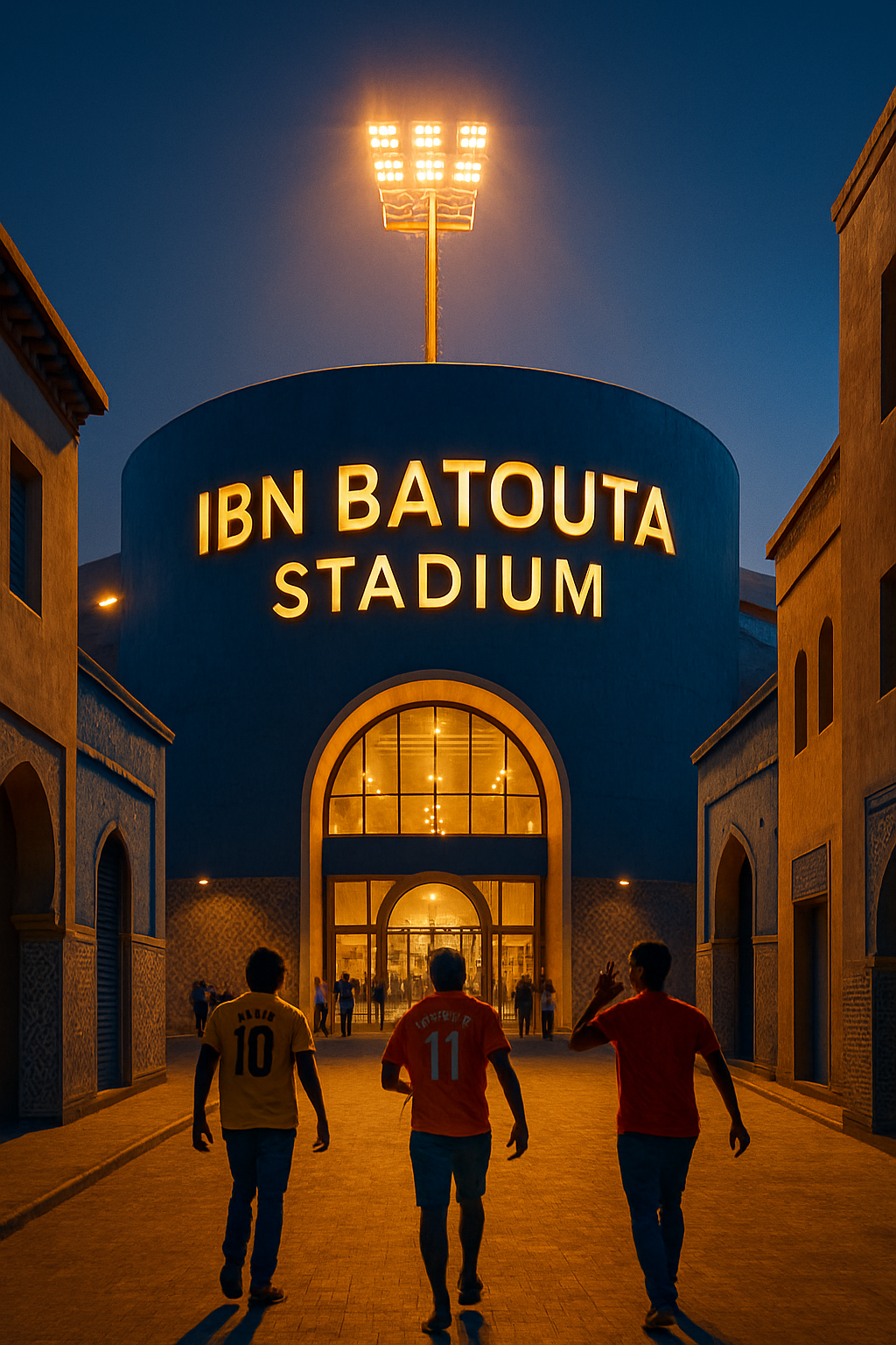 Illuminated Ibn Batouta Stadium in Tangier, heart of Tangier AFCON 2025, showcasing modern facilities and Moroccan design ready for group stage matches in Morocco's hosted Africa Cup of Nations event.
