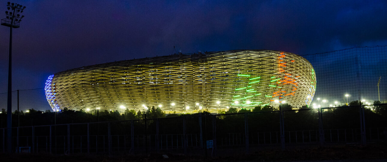 Moulay Abdellah Football Stadium by night, FIFA World Cup 2030 and the African Cup CAN 2025 stadium in Rabat, Morocco AFCON 2025 Morocco