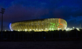 Moulay Abdellah Football Stadium by night, FIFA World Cup 2030 and the African Cup CAN 2025 stadium in Rabat, Morocco AFCON 2025 Morocco