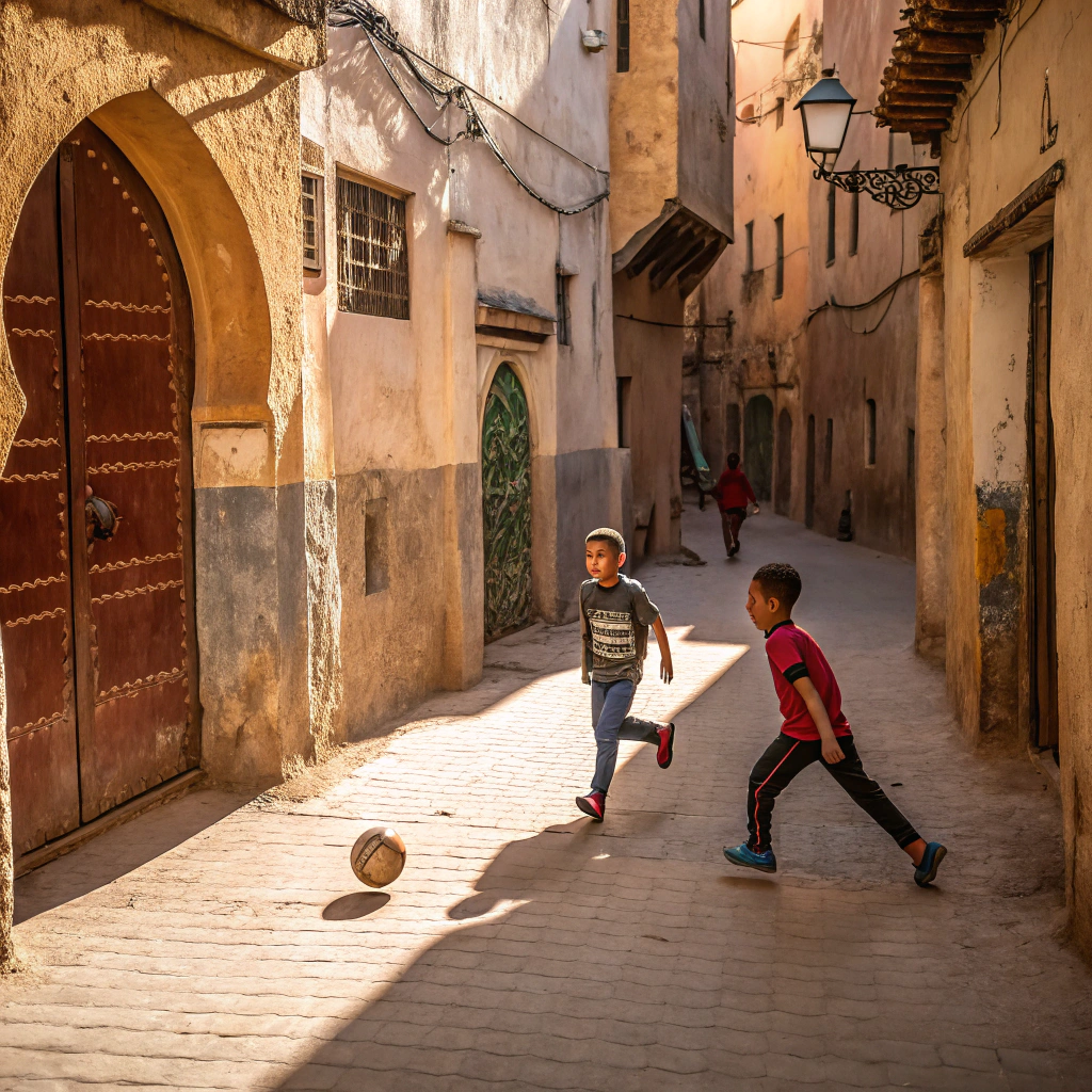 Children playing football in Fès medina, reflecting Morocco's footballing history and culture for AFCON 2025