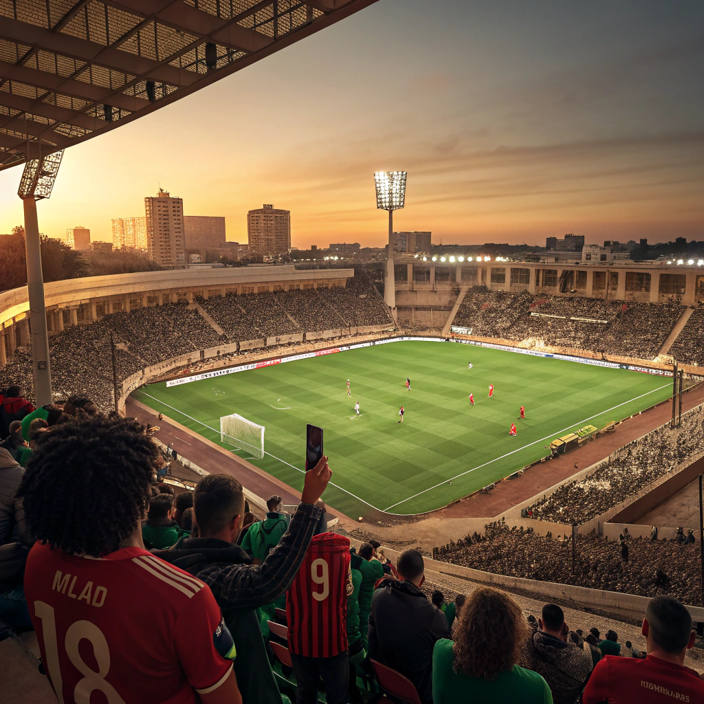 Excited fans at Stade Mohammed V, one of the key AFCON 2025 stadiums in Morocco, capturing the historic venue's electric atmosphere in Casablanca with cheering crowds and illuminated pitch for the African Cup of Nations