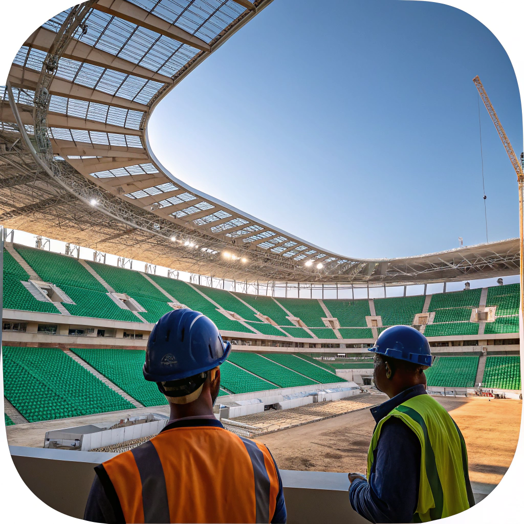 Construction progress on Grand Stade de Casablanca, the largest among AFCON 2025 stadiums in Morocco, featuring sustainable architecture and massive seating for epic tournament matches, showcasing Morocco's football infrastructure evolution