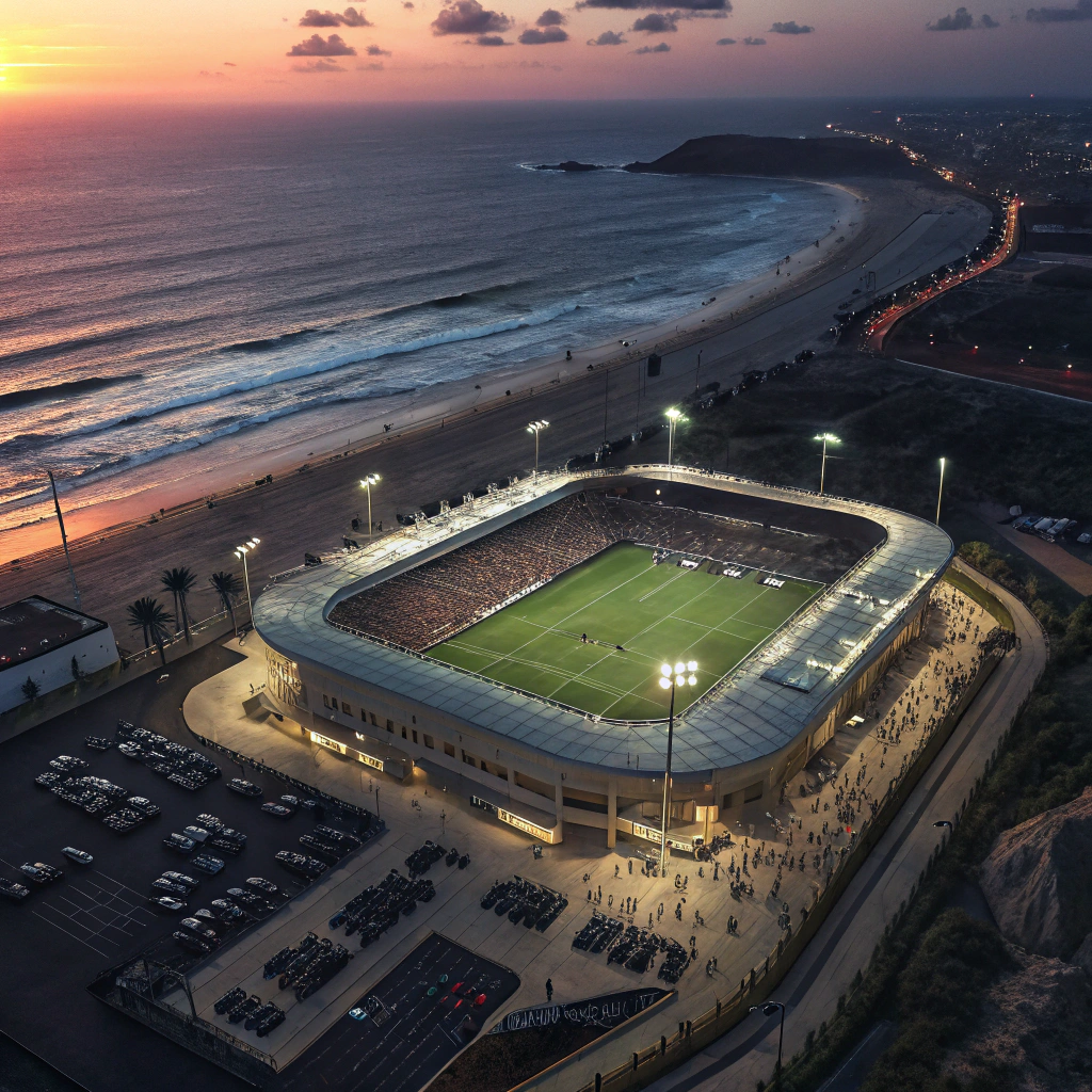 Coastal scene at Stade Adrar in Agadir, a scenic AFCON 2025 stadium in Morocco, showing recent upgrades with sea views and fan-friendly designs, blending football excitement with Morocco's beach tourism allure