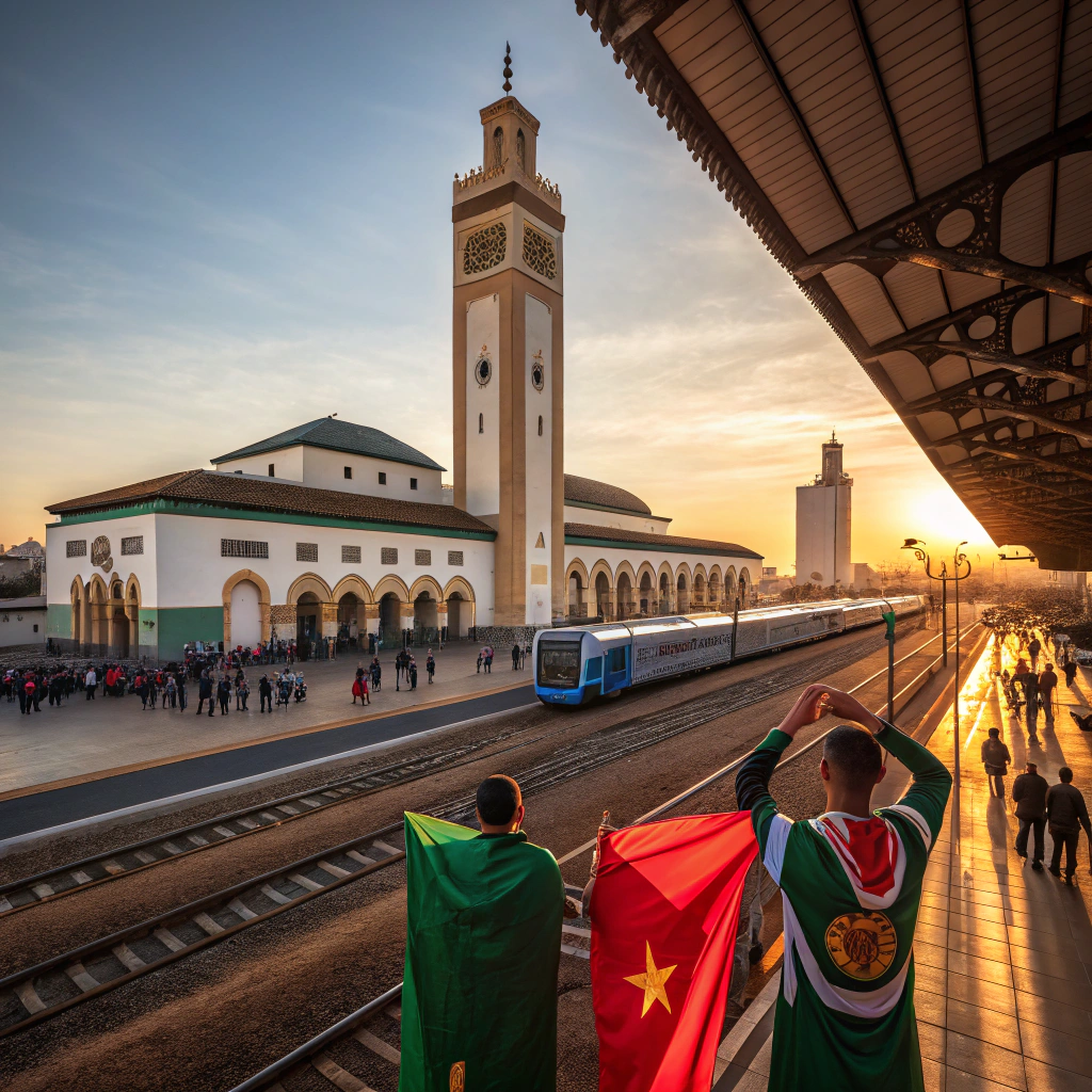 Bustling Casablanca train station scene for getting around Morocco during AFCON, showing fans ready for ONCF Morocco trains to Rabat and Marrakesh matches, efficient inter-city travel with scenic views
