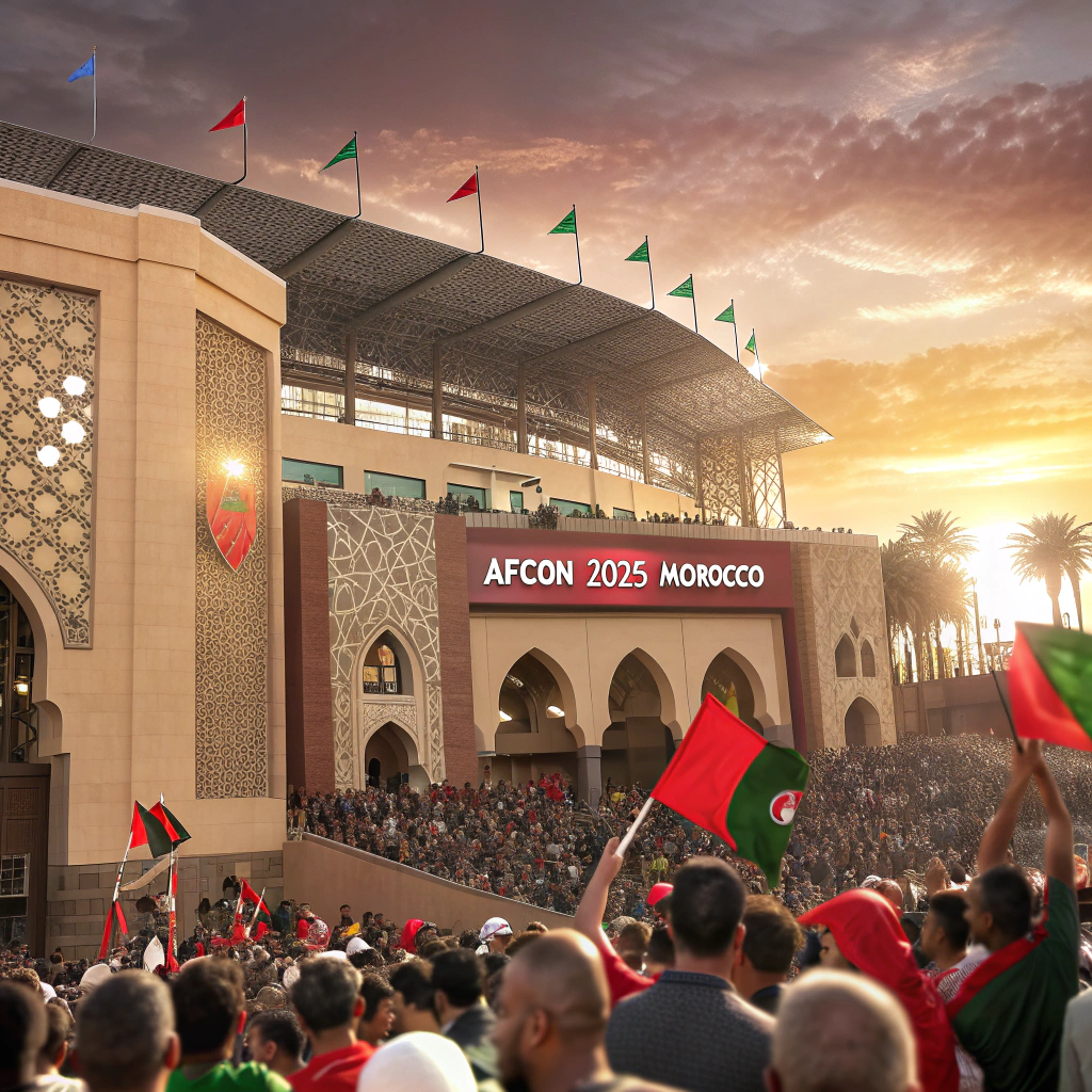 Modern stadium entrance ready for AFCON 2025 Morocco tournament overview, showcasing Morocco's football infrastructure