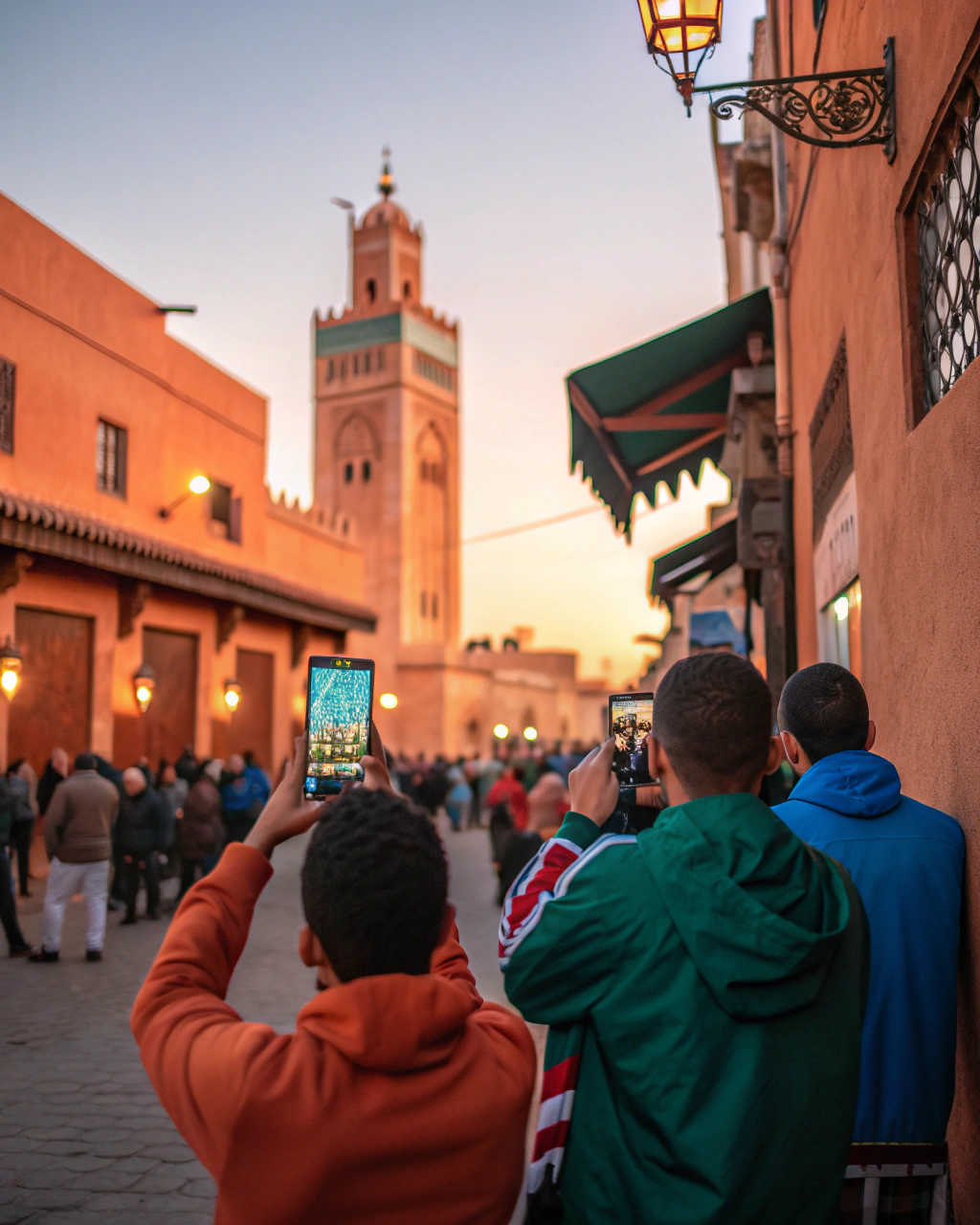 Enthusiastic fans in Marrakech using smartphones to learn how to buy AFCON 2025 tickets via official channels for the Africa Cup of Nations 2025 in Morocco, capturing high demand and anticipation for the event
