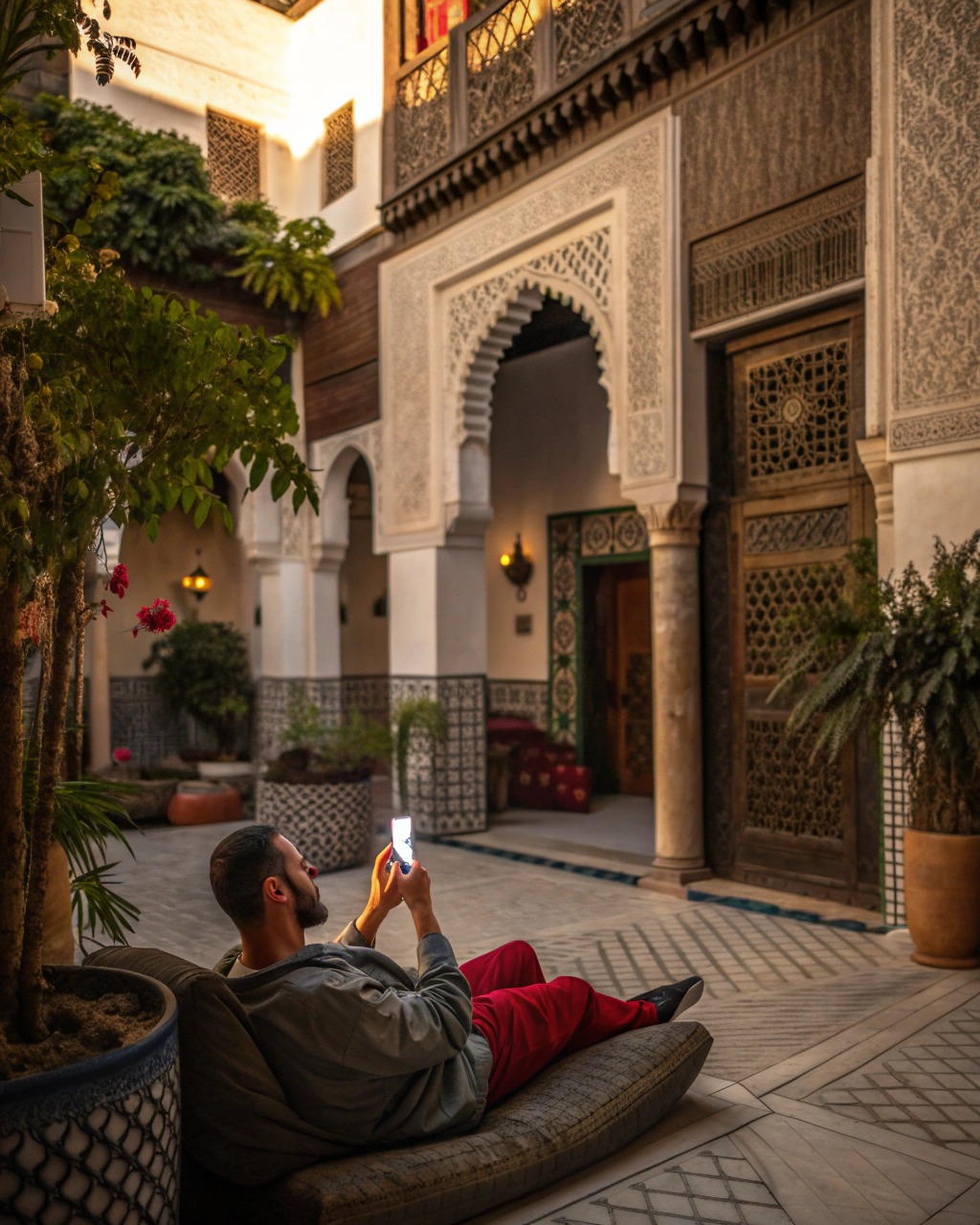 Activating the best eSIM for Morocco in a Fez riad, providing hassle-free mobile data setup before exploring historic medinas, ideal for tech-savvy travelers in 2025
