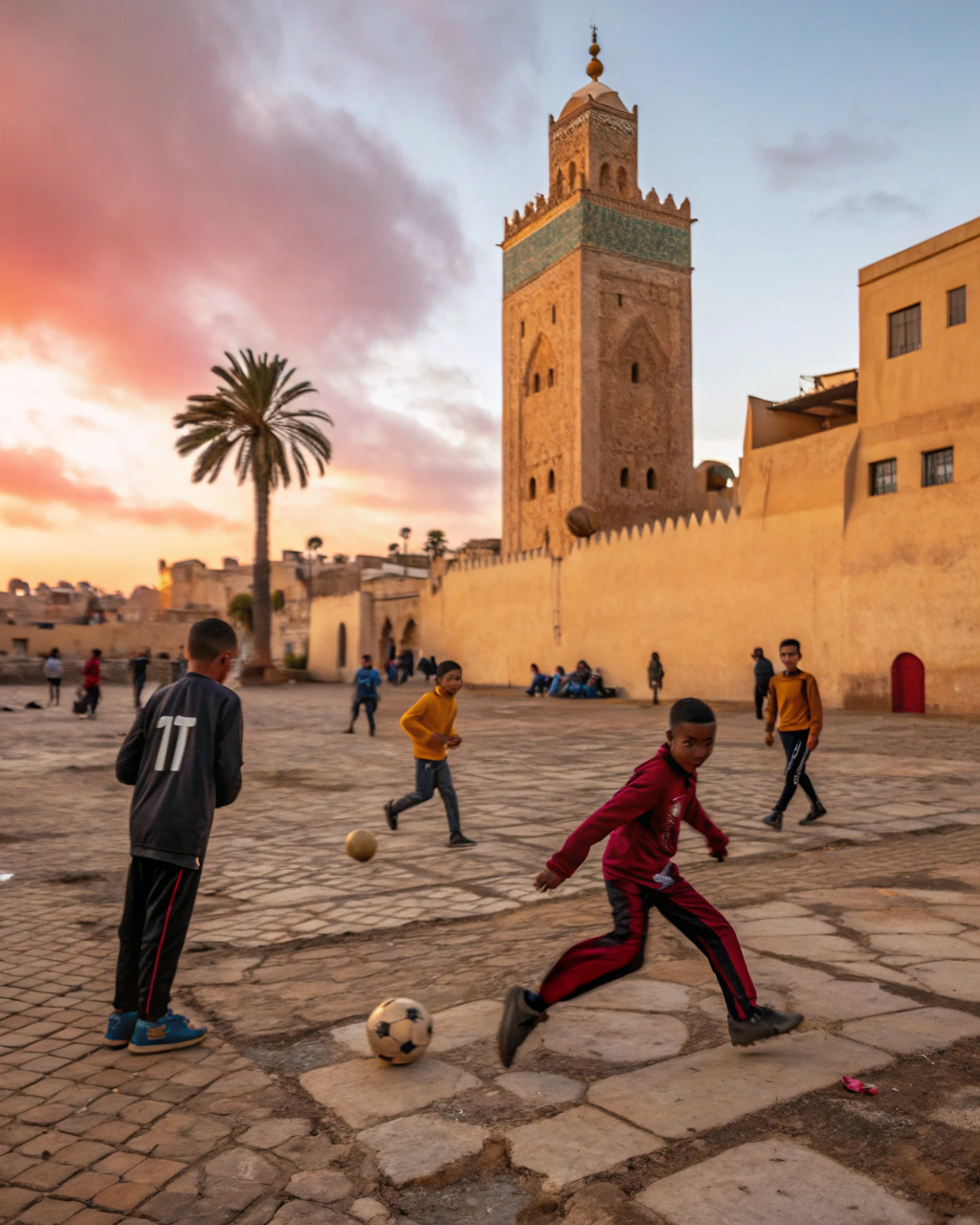 Community joy from Fes AFCON 2025 in Fes Morocco, children and fans bonding over football near ancient tanneries, highlighting economic and social benefits of the event