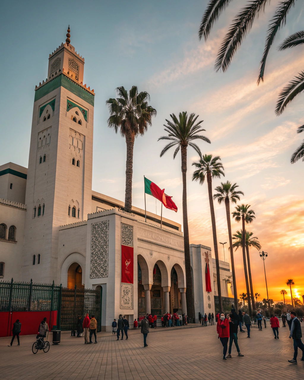 Iconic entrance to Stade Mohammed V in Casablanca, a premier AFCON 2025 stadium in Morocco, with fans arriving for matches amid historic architecture and vibrant Moroccan culture, inspiring travel to witness Africa's football unity
