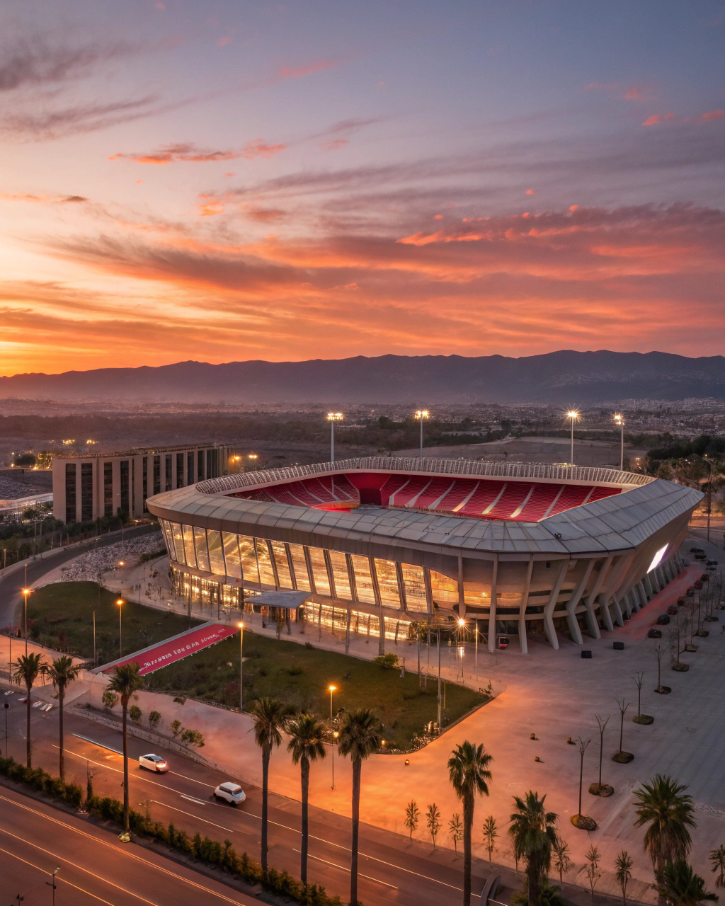 Sunset view of Stade de Marrakech, an essential AFCON 2025 stadium in Morocco, highlighting upgraded facilities amid desert landscapes and cultural vibrancy, perfect for fans experiencing football and Marrakesh tourism