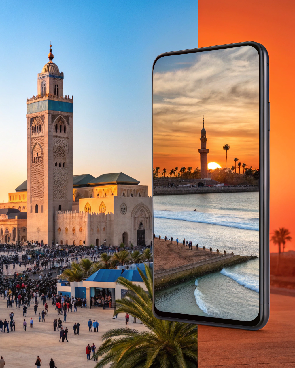Iconic landmarks of AFCON host cities including Rabat, Casablanca, and Marrakesh for AFCON 2025 Morocco venues