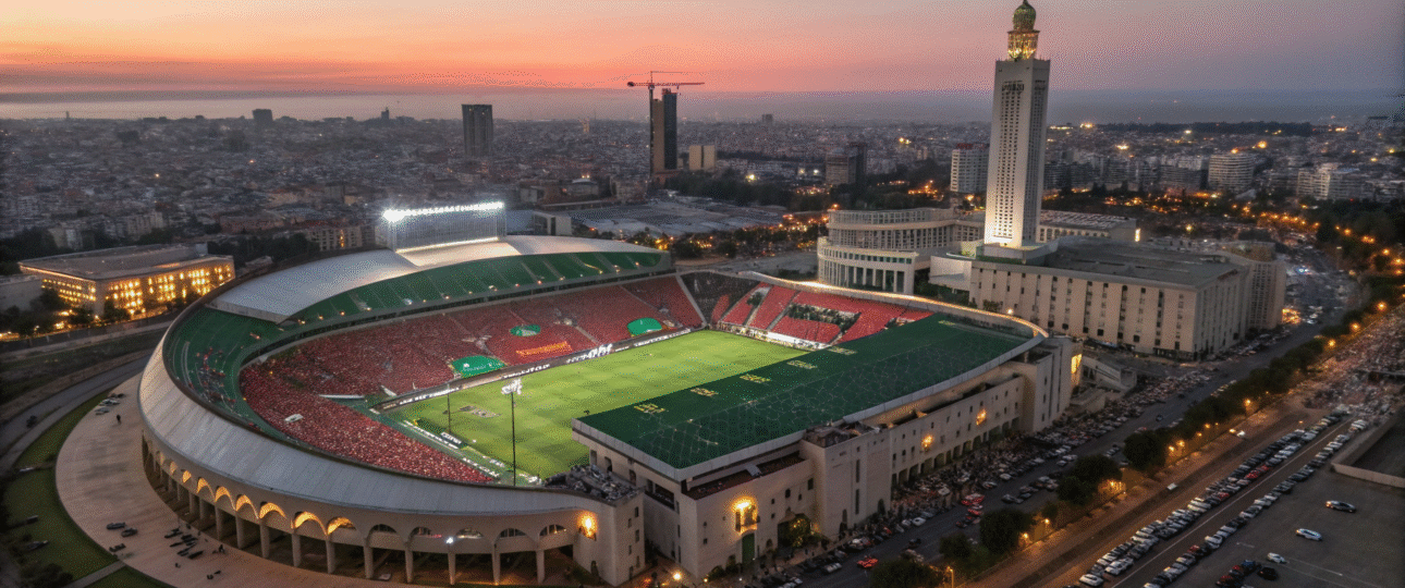 Aerial view of AFCON 2025 stadiums in Morocco showcasing Stade Mohammed V in Casablanca with vibrant crowds and city skyline, highlighting the excitement of Africa's premier football tournament venues and Moroccan hospitality