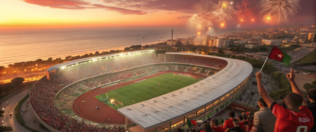 Exciting aerial shot of Ibn Batouta Stadium in Tangier during Tangier AFCON 2025, crowds celebrating Africa's premier football event with views of the Strait of Gibraltar, capturing the thrill of Morocco's 2025 tournament hosting.