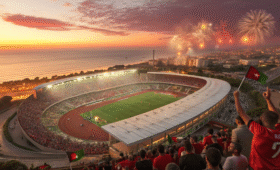 Exciting aerial shot of Ibn Batouta Stadium in Tangier during Tangier AFCON 2025, crowds celebrating Africa's premier football event with views of the Strait of Gibraltar, capturing the thrill of Morocco's 2025 tournament hosting.