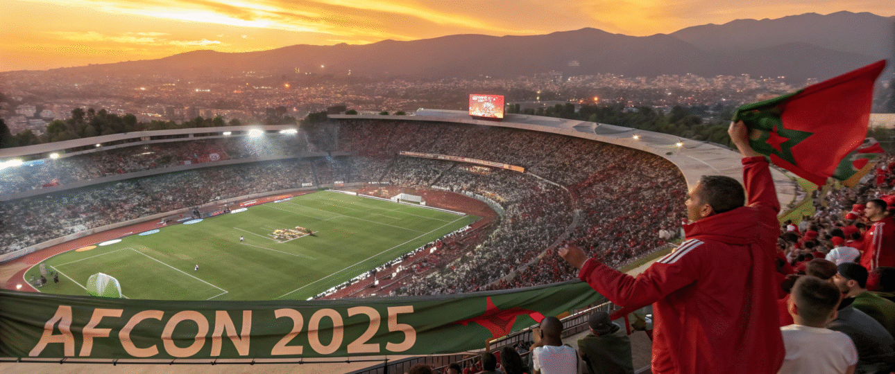 Exciting AFCON 2025 in Morocco banner showing Rabat stadium packed with fans and Moroccan team in action, highlighting when is AFCON 2025 dates from December 21, 2025, to January 18, 2026, Africa's premier soccer tournament hosted entirely in Morocco for the first time.