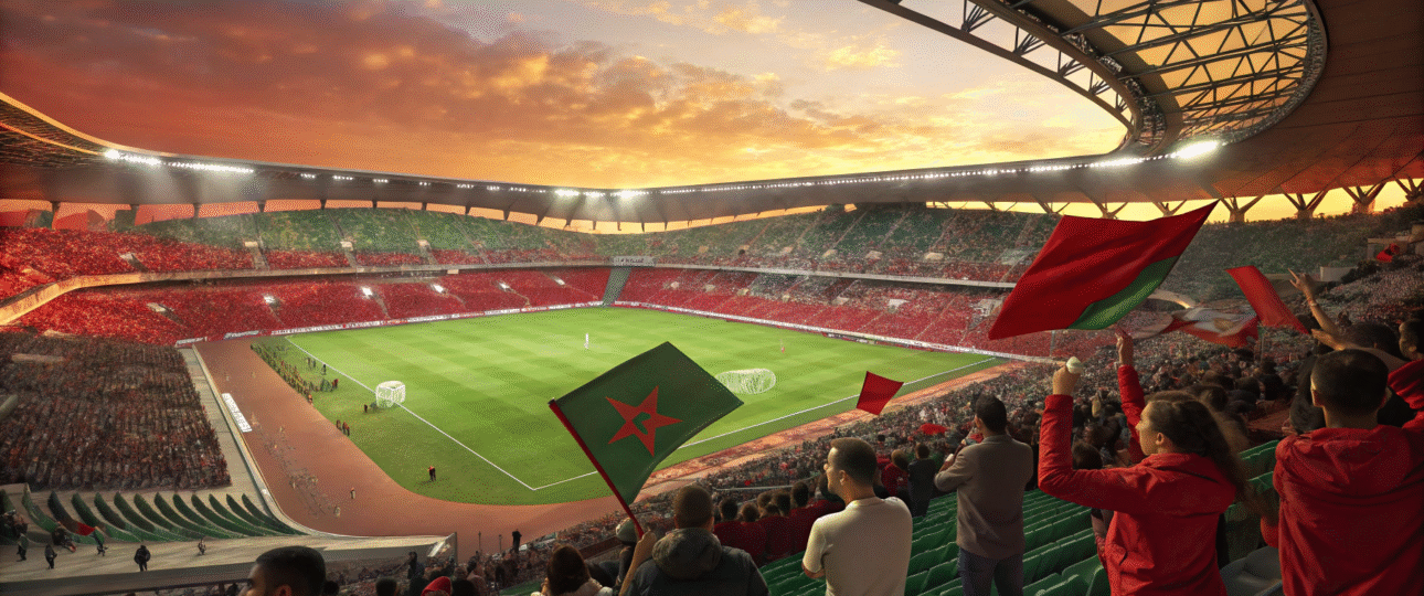 Excited fans filling a Moroccan stadium for AFCON 2025, showcasing how to buy AFCON 2025 tickets for the thrilling Africa Cup of Nations in Morocco from December 2025 to January 2026, vibrant crowd and football action highlight global demand.