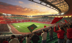 Excited fans filling a Moroccan stadium for AFCON 2025, showcasing how to buy AFCON 2025 tickets for the thrilling Africa Cup of Nations in Morocco from December 2025 to January 2026, vibrant crowd and football action highlight global demand.