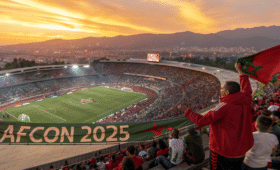 Exciting AFCON 2025 in Morocco banner showing Rabat stadium packed with fans and Moroccan team in action, highlighting when is AFCON 2025 dates from December 21, 2025, to January 18, 2026, Africa's premier soccer tournament hosted entirely in Morocco for the first time.
