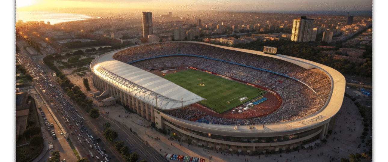 Exciting stadium scene in Casablanca for AFCON 2025, showing fans and Moroccan landmarks, ideal for planning where to stay during AFCON 2025 in top hotels and accommodations.