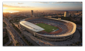 Exciting stadium scene in Casablanca for AFCON 2025, showing fans and Moroccan landmarks, ideal for planning where to stay during AFCON 2025 in top hotels and accommodations.