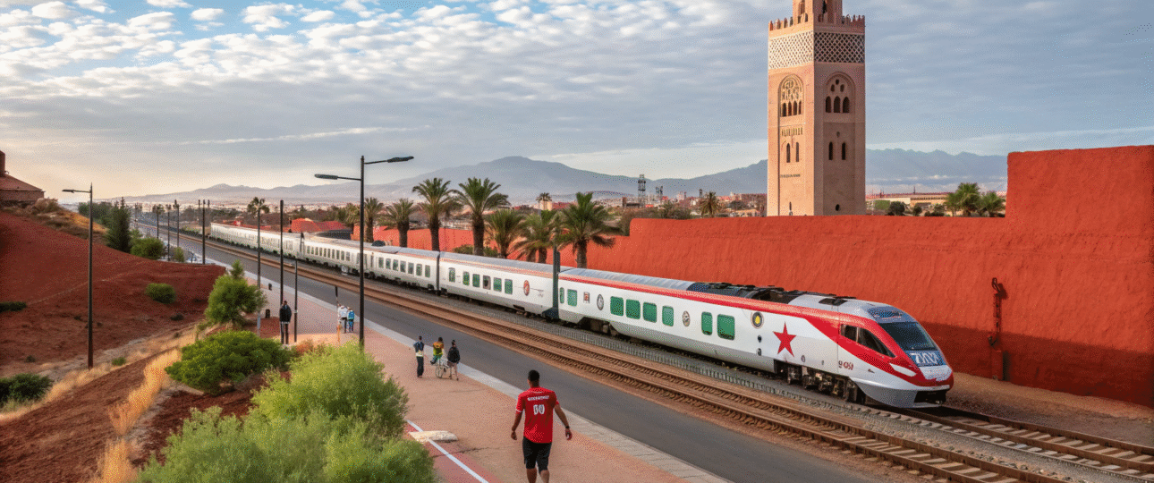 Excited soccer fans getting around Morocco during AFCON on the scenic Al Boraq high-speed train from Casablanca to Marrakesh, highlighting reliable transport options amid the 2025 Africa Cup of Nations buzz in Rabat and Casablanca