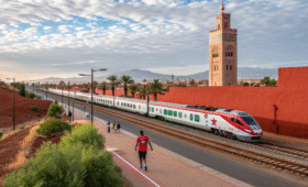 Excited soccer fans getting around Morocco during AFCON on the scenic Al Boraq high-speed train from Casablanca to Marrakesh, highlighting reliable transport options amid the 2025 Africa Cup of Nations buzz in Rabat and Casablanca