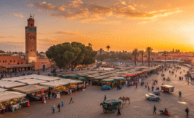 Traveler using the best SIM card for Morocco in Marrakech's vibrant souks, ensuring reliable mobile data for navigation and sharing experiences, ideal for 2025 trips to this North African gem