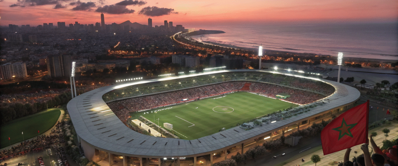 Exciting aerial view of Stade Mohammed V in Casablanca AFCON 2025, crowds cheering under stadium lights with Moroccan flags, perfect for football fans planning their trip to Morocco's vibrant host city.