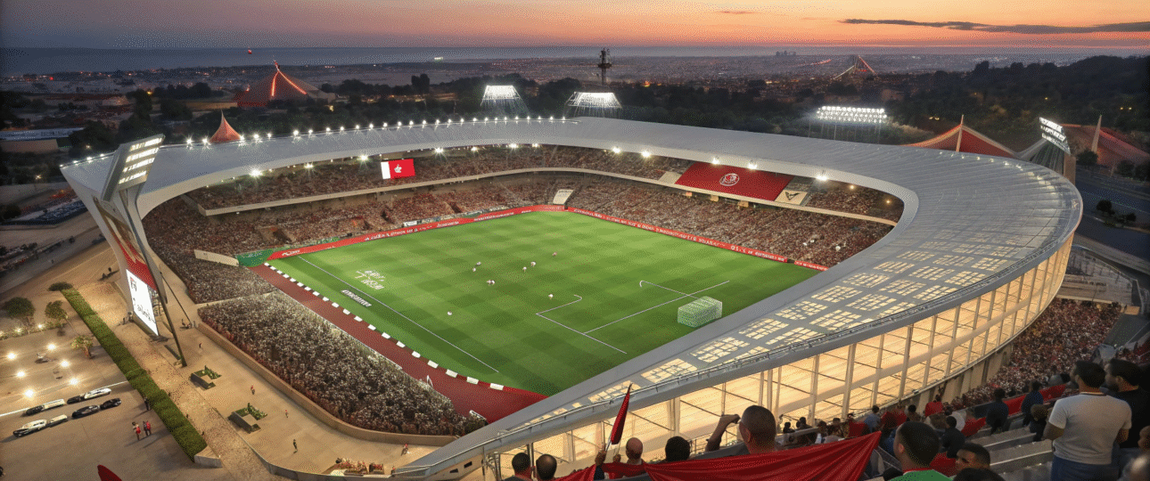 Prince Moulay Abdellah Stadium in Rabat, Morocco: Modern architecture blending history and innovation for Rabat AFCON 2025 games, a must-visit for international soccer enthusiasts staying in nearby hotels