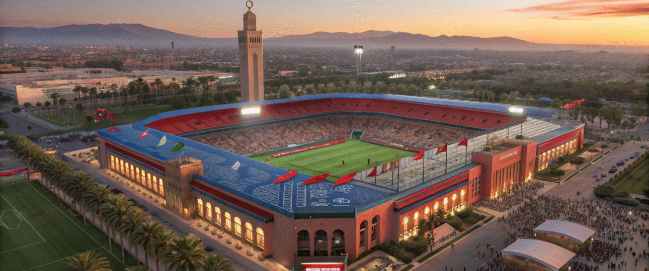 Aerial view of Grand Stade de Marrakech during Marrakech AFCON 2025, with fans and Atlas Mountains, capturing the thrill of Africa's premier soccer event in Morocco's vibrant city, inspiring travel and sports enthusiasts to plan their visit.
