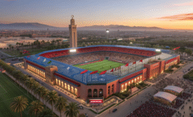 Aerial view of Grand Stade de Marrakech during Marrakech AFCON 2025, with fans and Atlas Mountains, capturing the thrill of Africa's premier soccer event in Morocco's vibrant city, inspiring travel and sports enthusiasts to plan their visit.