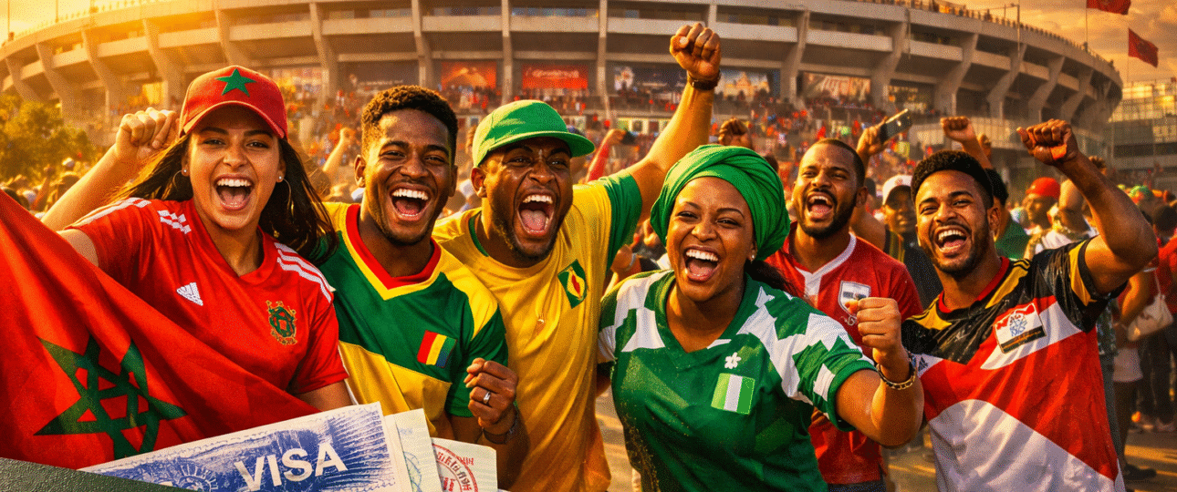 Excited AFCON 2025 fans entering Morocco for thrilling matches in Casablanca stadium, highlighting Morocco visa requirements for AFCON 2025 and seamless travel planning to Africa's premier football tournament