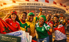 Excited AFCON 2025 fans entering Morocco for thrilling matches in Casablanca stadium, highlighting Morocco visa requirements for AFCON 2025 and seamless travel planning to Africa's premier football tournament