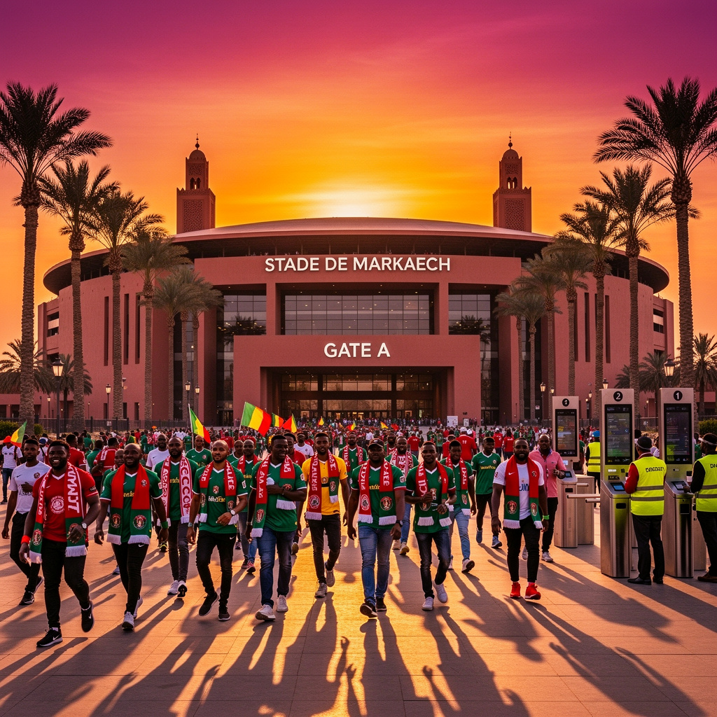 Guide to Marrakech Stadium AFCON, fans heading to the 45,000-capacity venue in Gueliz district, tips on trains, buses, and taxi to afcon stadium from airport or Jemaa el-Fnaa for safe attendance at afcon matches today morocco.