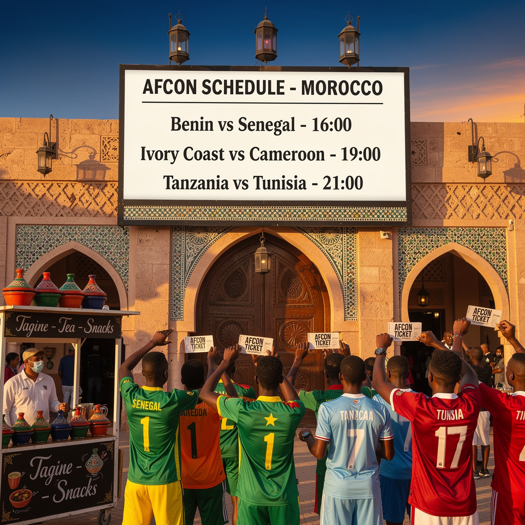 AFCON schedule Morocco for today's Group F matches including Benin vs Senegal at 11 AM in Tanger, Ivory Coast vs Cameroon at 2 PM, detailed kickoff times and venues for fans attending afcon matches today morocco with high stakes for Round of 16.