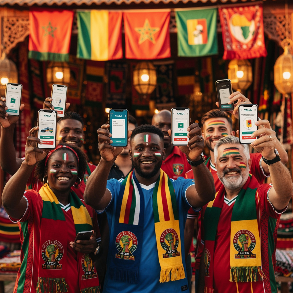 AFCON 2025 fans applying for free e-visa through YALLA app in vibrant Moroccan souk, simplifying Morocco visa requirements for football enthusiasts and ensuring smooth entry for tournament attendees