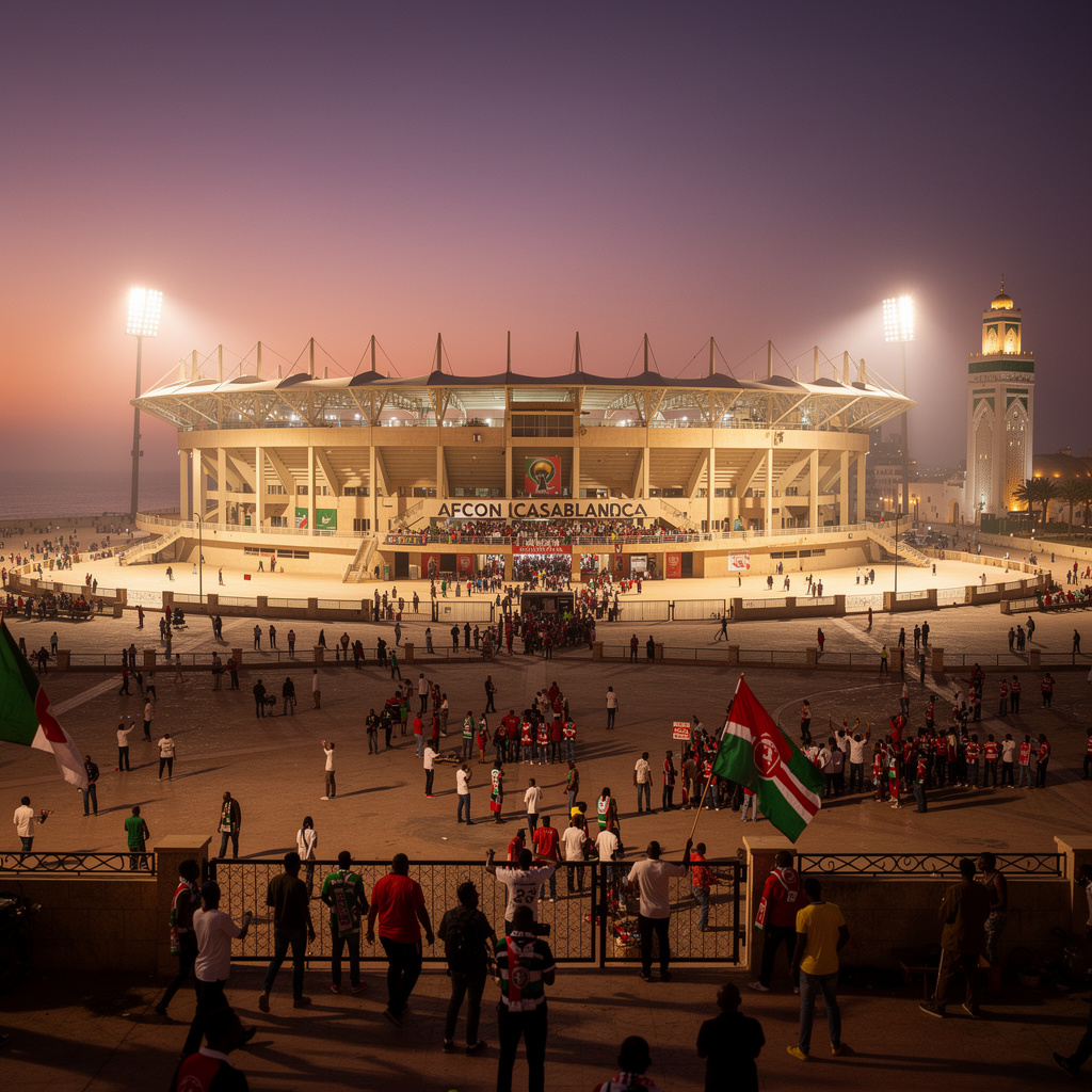 Iconic Casablanca stadium ready for AFCON 2025 opening match, showcasing host cities like Casablanca and Marrakech in Morocco visa requirements for AFCON 2025 travel guide for fans