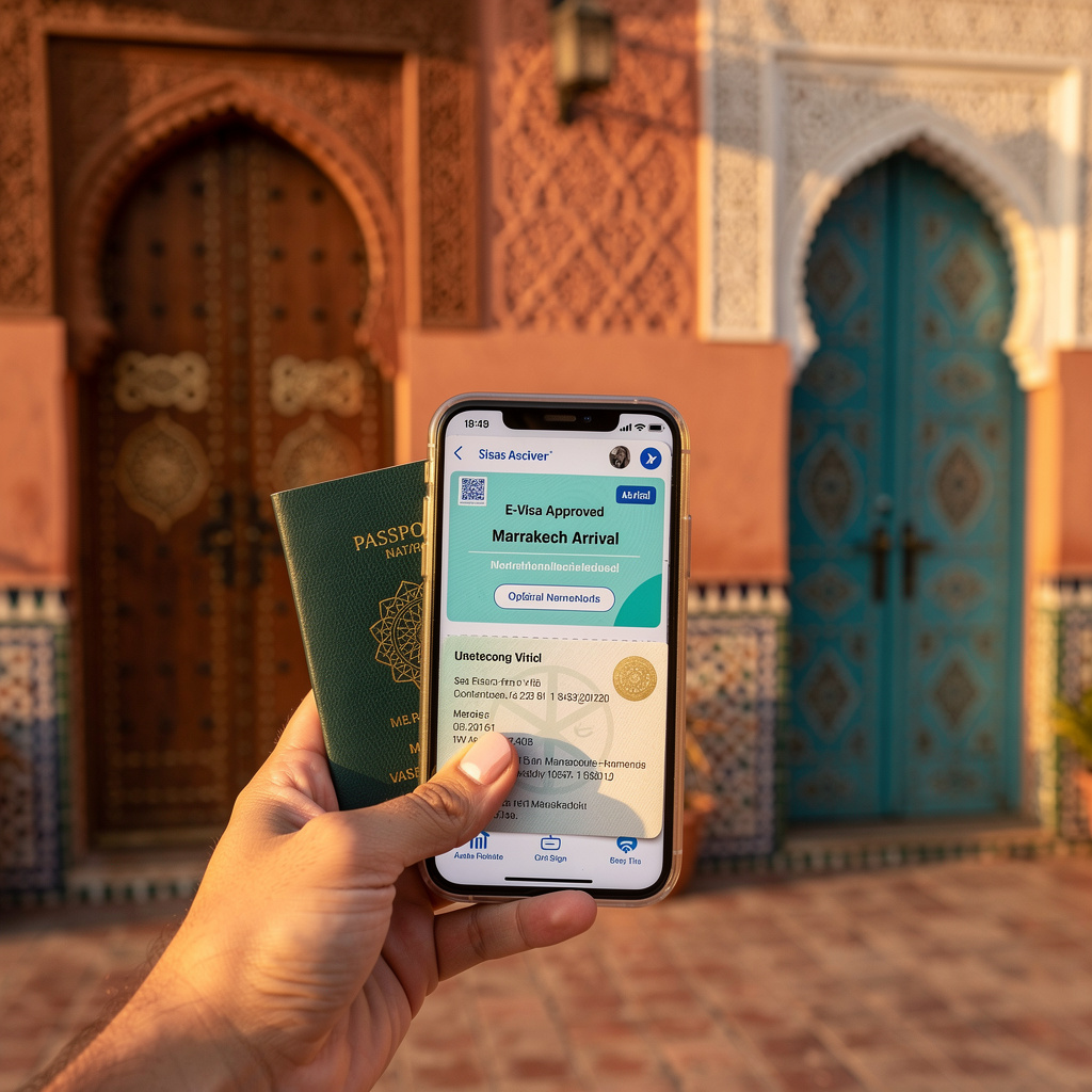 Traveler checking Morocco visa requirements for AFCON 2025 on mobile device near traditional Marrakech riad, essential guide for visa-free entry and e-visa application for football fans planning Morocco trips